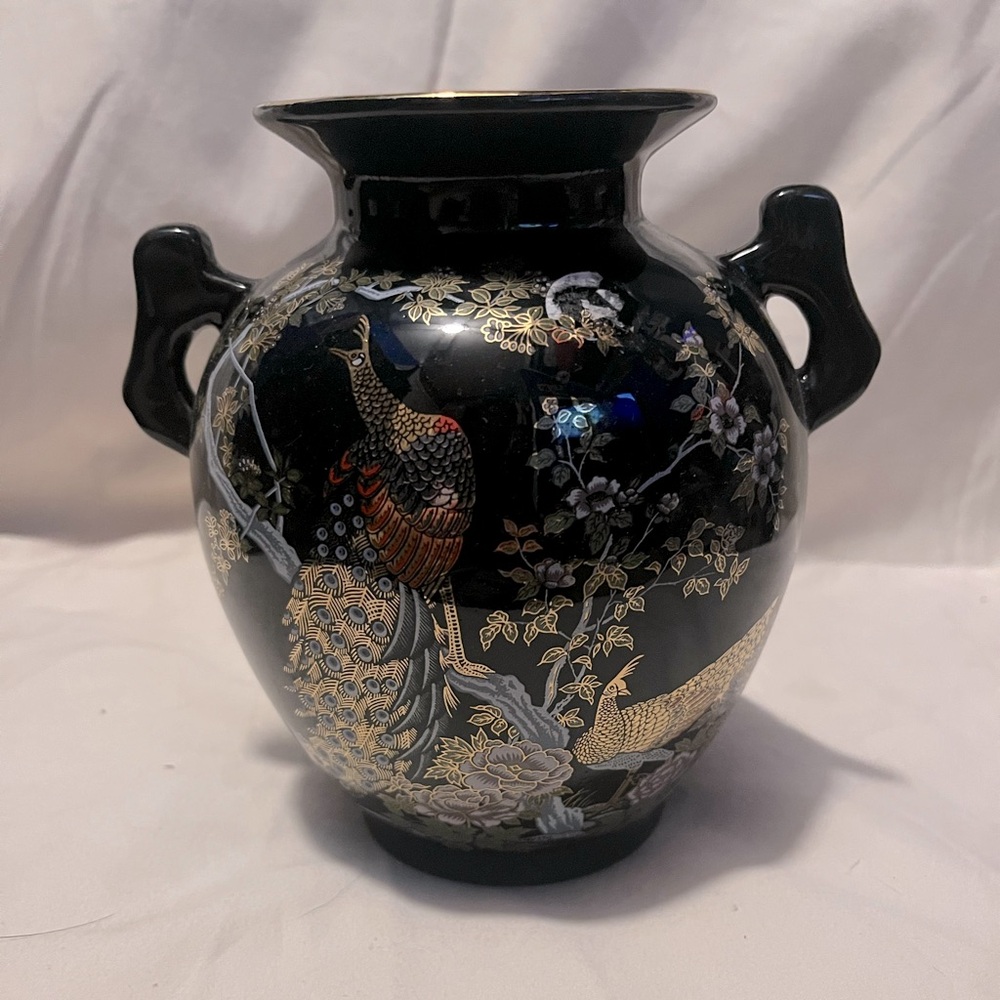 Vintage Japanese Black Porcelain Vase with Gold Peacock